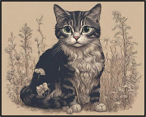 Posterizer 1 pcs- Black and white cat in the middle of flowers-Art for Animal Lovers-Floral Botanical Art-Gift For Animal Lovers-Living Room Bedro...