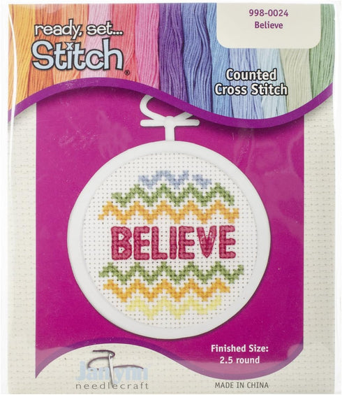 Janlynn 18 Count Round Mini Counted Cross Stitch Kit, 2-1/2-Inch, Believe...
