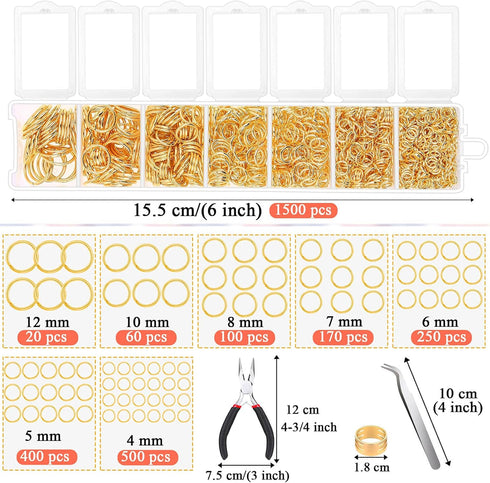 Gold Jump Rings for Jewelry Making, Paxcoo 1500Pcs Jewelry Necklace Repair Kit with Jewelry Making Supplies and Jewelry Pliers for Bangle Charms, ...