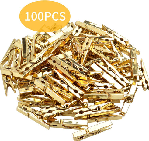 Mini Plastic Clips, 100 Pieces Utility Photo Clips Paper Peg Clothes Line Clips - 3.5 x 0.5 x 0.7cm, Gold...