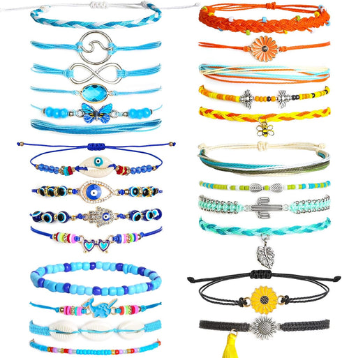 PAXCOO Set of 25 Surfer Wave Bracelets Ocean Wave Adjustable Waterproof Handmade Bracelet Summer Sunflower Bracelets Anklets Jewelry for Women Tee...