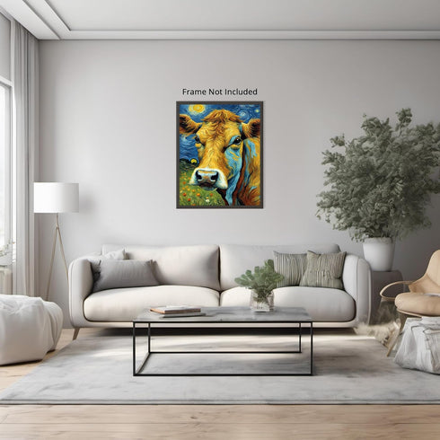 Posterizer 1 pcs- cute cow with starry night inspired background-Art for Animal Lovers-Gift for Art Lovers-Living Room Bedroom Decor- unframed wal...