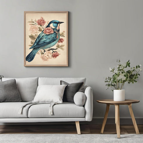 Posterizer 1 pcs- Beautiful blue bird with wild pink and red flowers-Art for Animal Lovers-Floral Botanical Art- Gift for Men Women Teens-Living R...