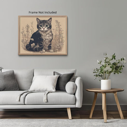 Posterizer 1 pcs- Black and white cat in the middle of flowers-Art for Animal Lovers-Floral Botanical Art-Gift For Animal Lovers-Living Room Bedro...