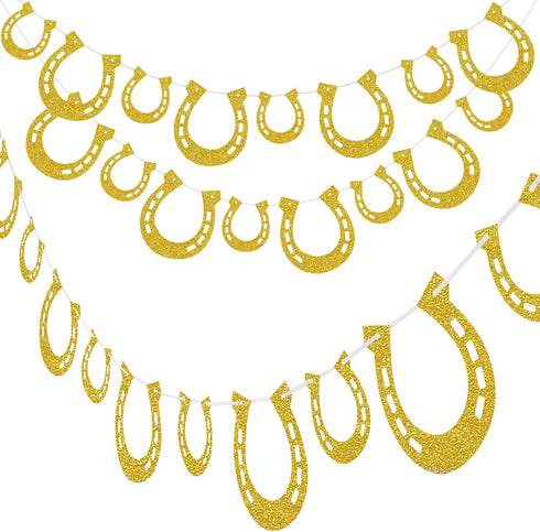 4 Piece Derby Horseshoe Garland Banner for Western Wedding Party Decoration, Pre Assembled (Gold)...