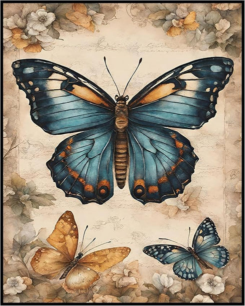 Posterizer 1 pcs- Three blue and yellow butterflies on wild flowers-Art for Animal Lovers-Floral Botanical Art- Gift for Men Women Teens-Living R...