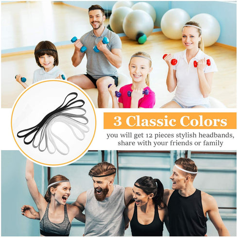 WILLBOND 12 Pieces Thin Non-Slip Elastic Sport Headbands, Hair Bands with Non Slip Silicone Grip Exercise Hair Sweatbands for Men Women Football B...