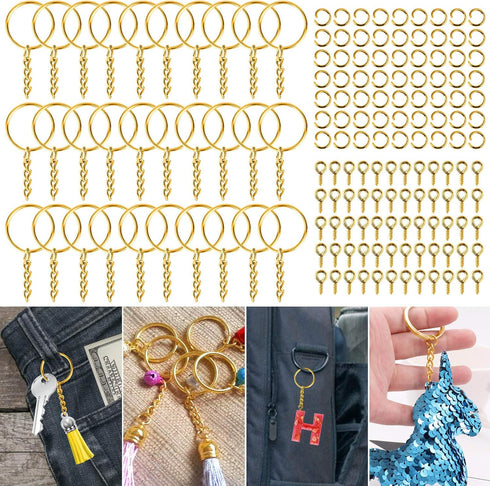 Keychain Rings for Crafts Gold, PAXCOO Key Chains Rings Kit includes 100Pcs Split Key Ring with Chain, 100pcs Jump Rings and 100pcs Screw Eye Pins...