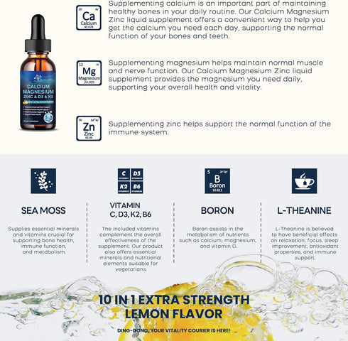 (2 Pack) 10 in 1 Calcium Magnesium Zinc D3 K2 Supplement, Liquid Drops with Vitamin D Vegan Calcium Citrate Magnesium Glycinate, Bone & Immune Sup...