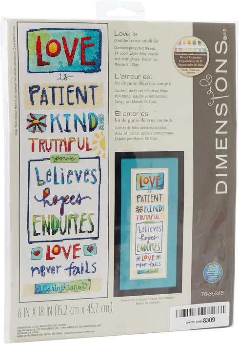 Dimensions 70-35345 'Love Is' Counted Cross Stitch Kit for Beginners, 14 Count White Aida Cloth, 6'' x 18'', Blue...