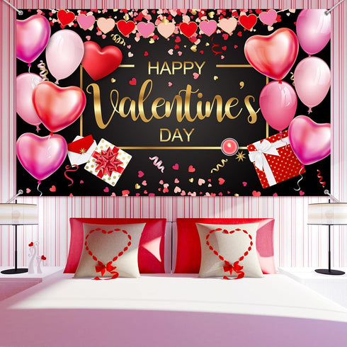 Sumind Happy Valentine‘s Day Banner 73''x43'' Heart Photography Backdrop Large Valentines Day Background Party Decorations Photo Booth Prop(Black ...