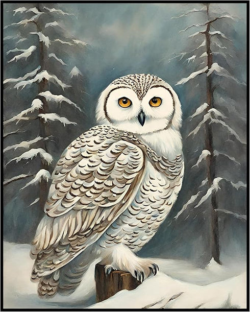 Posterizer 1 pcs-snowy winter scene of a white owl-oil painting style 10-Art for Animal Lovers-Landscape & Nature Art-Decor for Home & Office- unf...