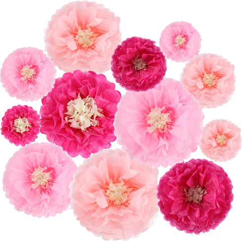 Gejoy 12 Pieces Pink Paper Flowers Tissue Pom Poms Giant Tissue Paper Chrysanth Fiesta Flowers DIY Crafting for Wedding Backdrop Bridal Baby Showe...