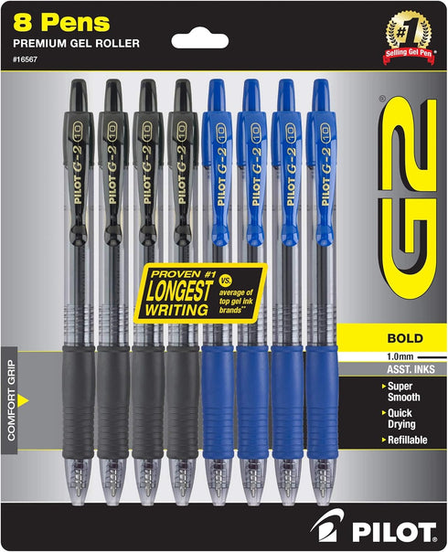 Pilot, G2 Premium Gel Roller Pens, Bold Point 1 mm, Pack of 8, Black and Blue...