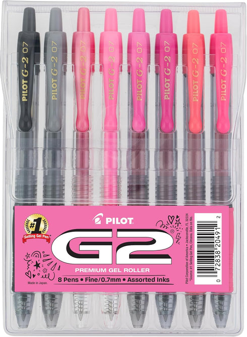 Pilot, G2 Premium Gel Roller Pens, 8 Pack Pouch, Fine Point 0.7 mm, Assorted Pink, Positivity Pack...