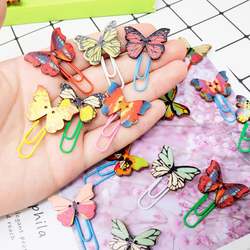 yueton 54 PCS Cute Butterfly Paper Clips Creative Cartoon Bookmarks Lovely Animal Binder Clips Wood File Document Clamps for Office Supplies Birth...