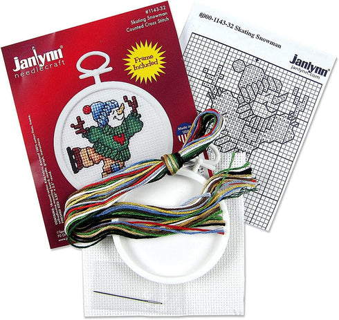 Janlynn 1143-32 18 Count Mini Counted Cross Stitch Kit, 2.5-Inch, Round, Skating Snowman...
