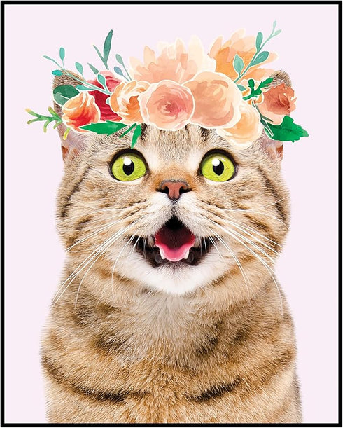 Posterizer 1 pcs-Excited Cat With Flower Crown Cute Print-Art for Animal Lovers-Floral Botanical Art-Gifts for Women-Living Room Bedroom Decor- un...
