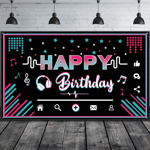 Music Happy Birthday Party Backdrop Musical Social Media Birthday Party Supplies Social Media Photography Background Large Fabric Banner for Teens...