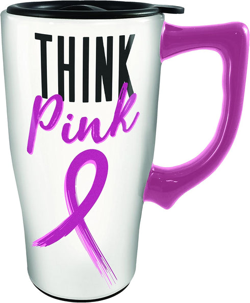 Spoontiques Think Pink Ceramic Travel Mug, White, 16 ounce...