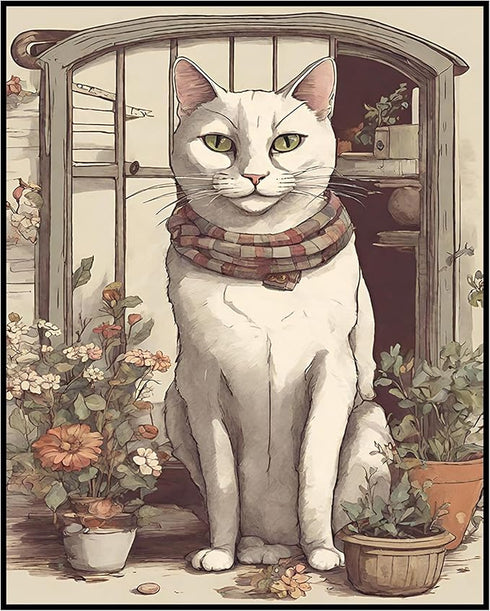 Posterizer 1 pcs- White cat sitting next to small pots-Art for Animal Lovers-Floral Botanical Art- Gift for Men Women Entrepreneur Teens-Living Ro...