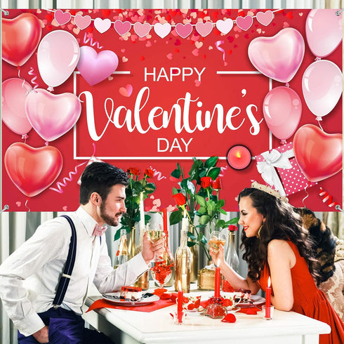 Sumind Happy Valentine‘s Day Banner 73''x43'' Heart Photography Backdrop Large Valentines Day Background Party Decorations Photo Booth Prop(Red Ba...