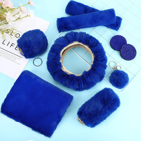 10 Pieces Fluffy Steering Wheel Covers Handbrake Cover Seat Belt Shoulder Pads Gear Shift Cover Diamond Coaster Ignition Ring Ball Key Chain Armre...