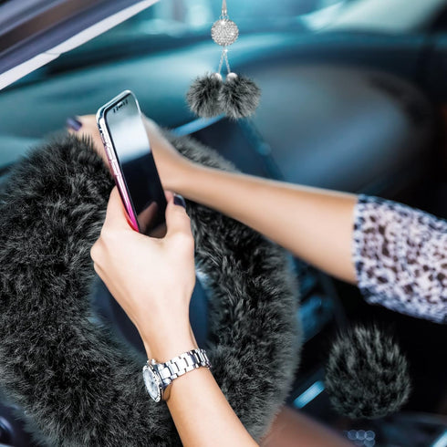 Frienda 6 Pieces Fluffy Car Accessories Set Fluffy Steering Wheel Cover Soft Fuzz Handbrake Cover Gear Shift Cover Bling Car Mirror Fuzz Car Decor...