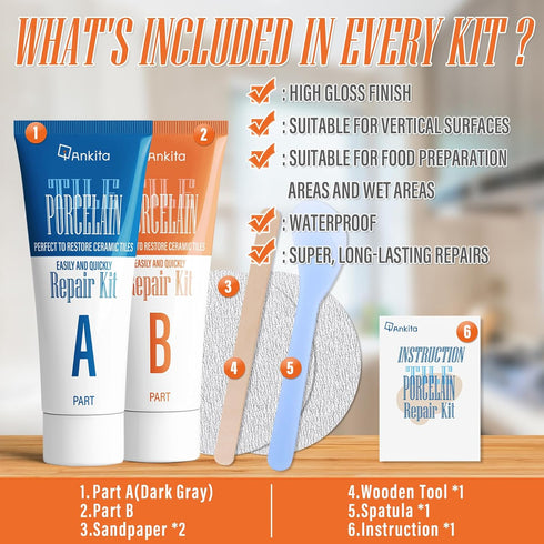 Ankita Ceramic Tile Repair Kit (Gray), Porcelain Tile Repair Kit, Fix Cracked or Chipped Ceramic Tiles Fast, Floor Cracked Tile Filler Putty for C...