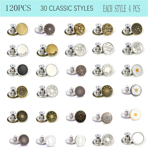 TSZYYM 120 Sets Buttons for Jeans,No-Sew Removable Adjustable Metal Jean Buttons Pins, Pants Jeans Button Replacement Tightener Repair Combo Threa...