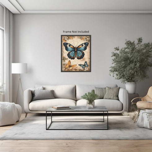 Posterizer 1 pcs- Three blue and yellow butterflies on wild flowers-Art for Animal Lovers-Floral Botanical Art- Gift for Men Women Teens-Living R...