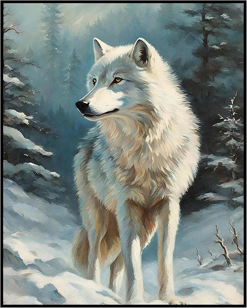 Posterizer 1 pcs-white arctic wolf in snowy nature-oil painting style -1-Art for Animal Lovers-Landscape & Nature Art-Decor for Home & Office- unf...