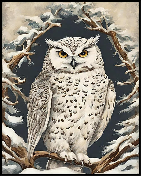 Posterizer 1 pcs-snowy winter scene of a white owl-oil painting style 8-Art for Animal Lovers-Landscape & Nature Art-Decor for Home & Office- unfr...