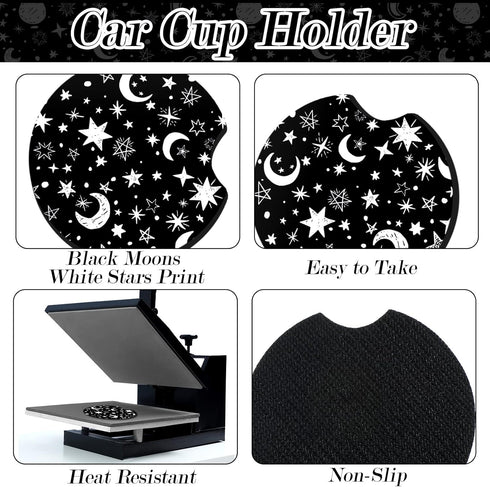 4 Pieces Black Moons White Stars Print Car Accessories Set Black Moons White Stars Steering Wheel Cover with 2 Pieces Car Cup Mats and Leather Key...
