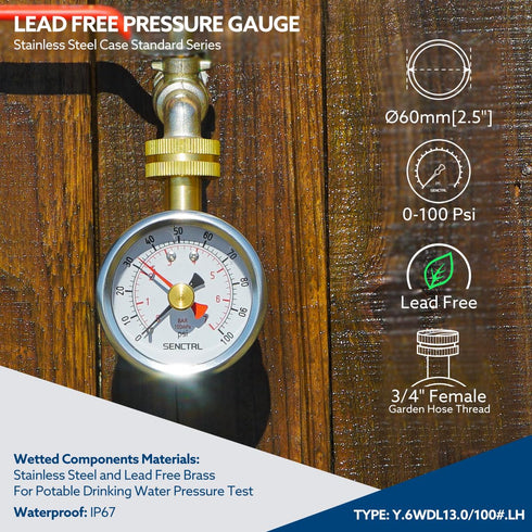 0-100 psi Water Pressure Gauge Test with Lazy Hand, Lead-Free, 2-1/2" Dial Size, 3/4" Female Garden Hose Thread, IP67 Waterproof, Stainless Steel ...