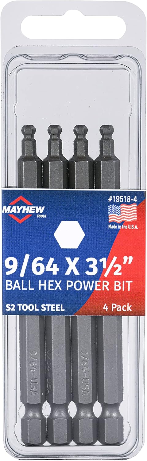 Mayhew Tools 19518-4 USA SAE Ball Hex Power Bit, 9/64 x 3.5", 4-Pack...