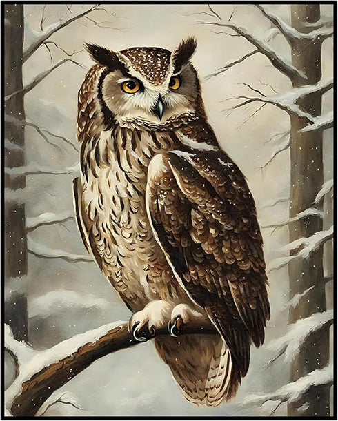 Posterizer 1 pcs-owl in nature-winter snowy scene in oil painting style-13-Art for Animal Lovers-Landscape & Nature Art-Decor for Home & Office- u...