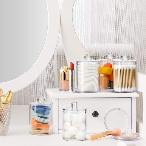 6 Pack Qtip Holder Dispenser for Cotton Ball, Cotton Swab, Cotton Round Pads, Floss - Clear Plastic Apothecary Jar Set, Bathroom Canister Storage ...