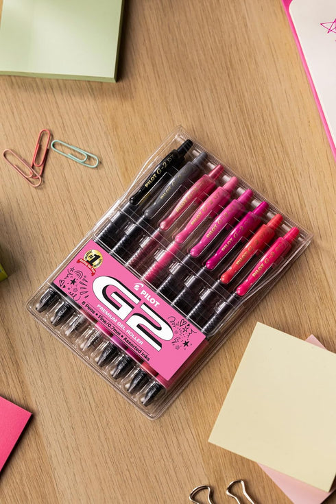 Pilot, G2 Premium Gel Roller Pens, 8 Pack Pouch, Fine Point 0.7 mm, Assorted Pink, Positivity Pack...
