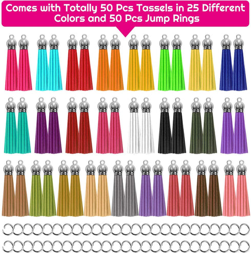 PAXCOO Tassels for Jewelry Making, 50pcs Leather Tassel Keychain Charms Bulk with 50pcs Jump Rings for Jewelry Making, Bracelets, Acrylic Key Chai...