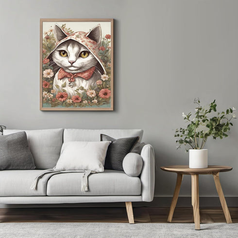 Posterizer 1 pcs- Cute white cat with white clothes on in between flowers-Art for Animal Lovers-Floral Botanical Art- Gift for Men Women -Living R...