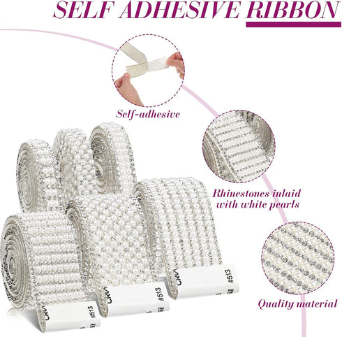 WILLBOND 6 Rolls 5.28 Yards Pearl Diamond Ribbon Rhinestones for Crafts White Self Adhesive Faux Crystal Stickers for Wedding Birthday Party Art C...