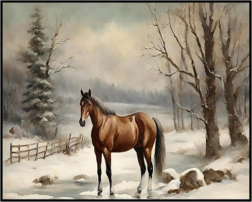 Posterizer 1 pcs-majestic horse in snowy winter scene-oil painting style-1-Art for Animal Lovers-Landscape & Nature Art-Decor for Home & Office- u...