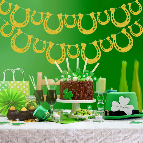 4 Piece Derby Horseshoe Garland Banner for Western Wedding Party Decoration, Pre Assembled (Gold)...