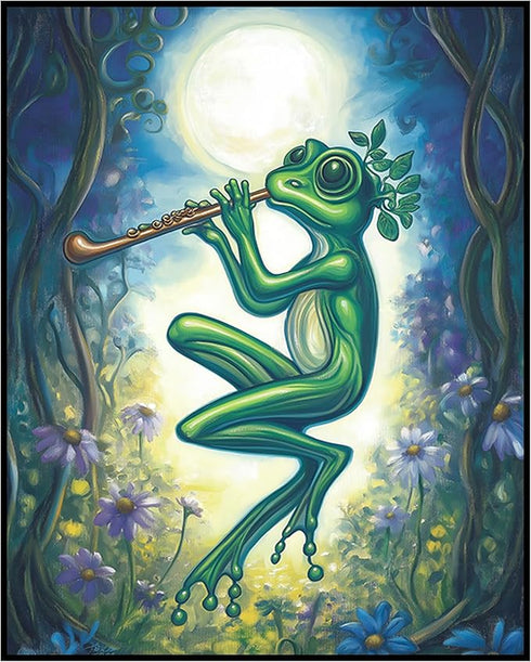 Posterizer 1 pcs-whimsical forest scene-frog playing music 11-Art for Animal Lovers-Fantasy & Fiction Art-Gift for Daughter, Son, Kids- unframed w...