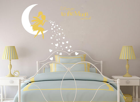 Fairy Wall Decal, I Love You to The Moon and Back, Fairy Wall Sticker for Girl, Kids Bedroom Wall Decals, Nursery Decor A19 (White Gold)...