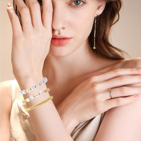 DECYOOL 1800Pcs Jewelry Making Kit - 1500Pcs Gold Round Spacer Smooth Loose Ball Beads, 150Pcs Alphabet, 150Pcs White Pearls and 2 Rolls Elastic S...