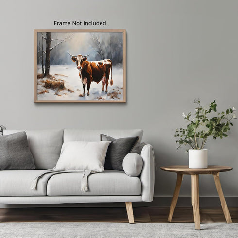 Posterizer 1 pcs-cute cow in snowy winter scene-oil painting style-2-Art for Animal Lovers-Landscape & Nature Art-Decor for Home & Office- unframe...