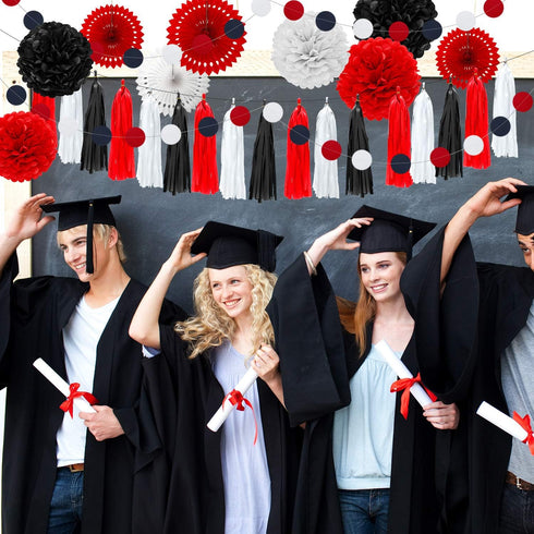 WILLBOND 29 Pcs Red and Black Decorations Mouse Paper Decoration Fan Pom Pom Honeycomb Flower Tissue Tassel Garland Theme Party Supplies for Gradu...