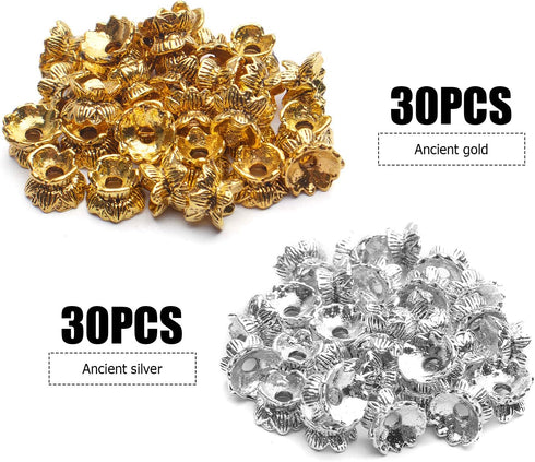 Lotus Form 60PCS Double End Flower Bead Spacer Caps, Antique Alloy Jewelry Caps for Bracelet, Necklace, Earring Crafts Making...